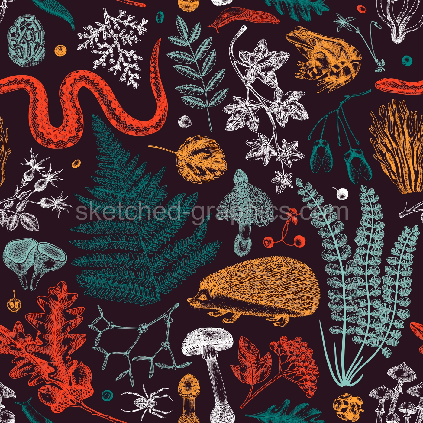 Vector seamless pattern with woodland animals, fern leaf, mushrooms, fall leaves and autumn plant sketch. Beautiful botanical repeating texture. Hand drawn autumn forest background for print, fabric,  Illustration